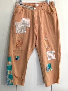 POL Rust Orange Distressed Straight Leg Patchwork Pants/L